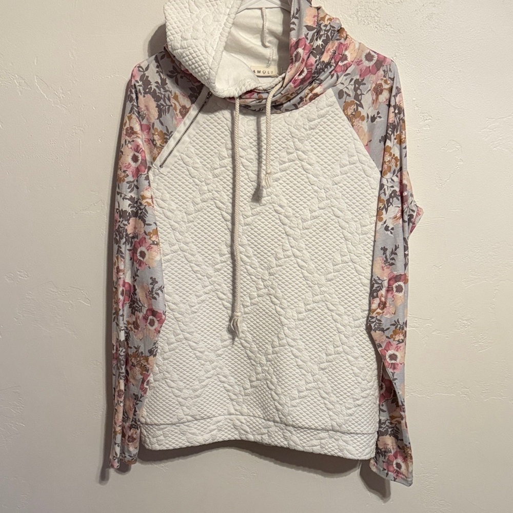 Floral Quilted Hoodie with White and Pink Accents